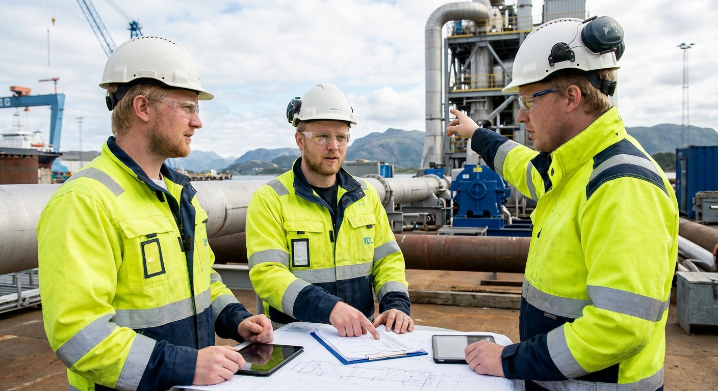 Nordiske kollegaer som diskuterer HMS-tiltak i et industrimiljø i Rogaland